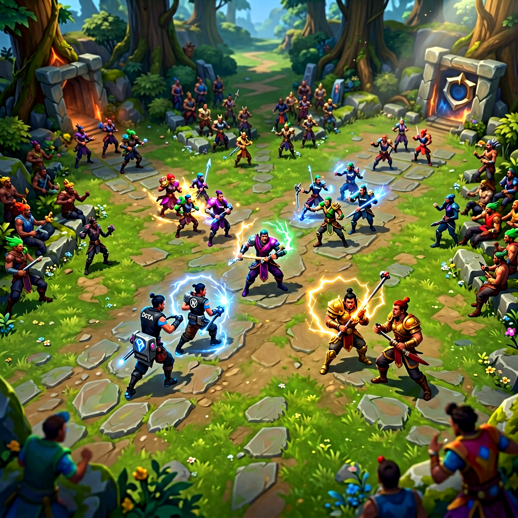 DOTA2游戏画面，英雄对战与推塔竞技场景